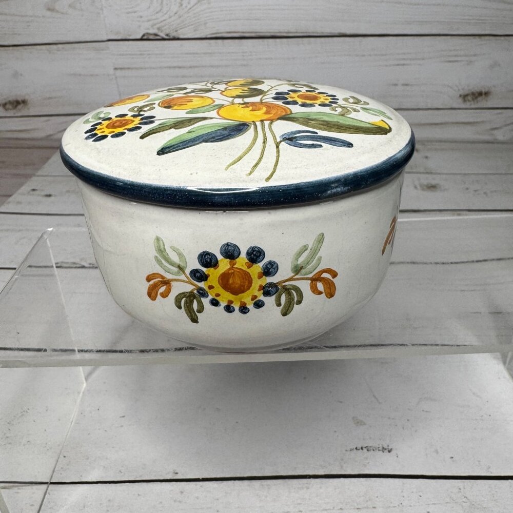 Hand Painted Floral Ceramic Trinket Dish w Lid 6" Vintage‎ Folk Art Style Signed